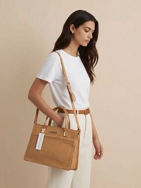 NWT Adrienne Vittadini Beige Genuine leather handbag Basketweave pattern